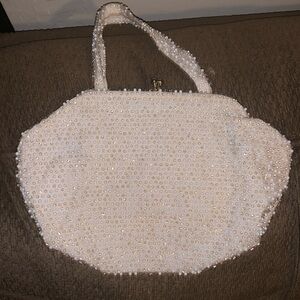 Vintage 1950's 1960's Handbag Purse Caviar Bag Off White White Clear Beads